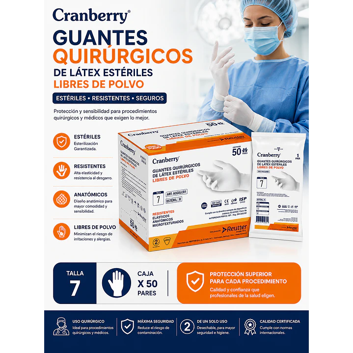 Guante Esteril Quirurgico Cranberry Talla 7 Caja X 50 Pares 3
