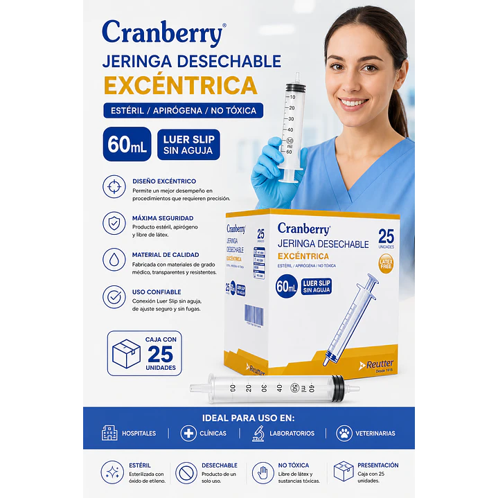 Jeringa Excéntrica 60ml Luer Slip Sin Aguja Caja 25 Un Capacidad En Volumen 60 Ml 3