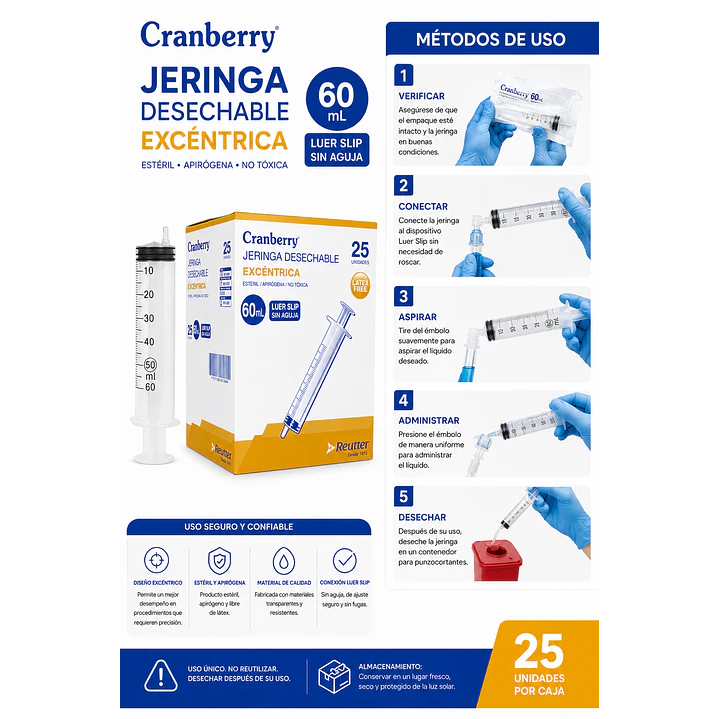 Jeringa Excéntrica 60ml Luer Slip Sin Aguja Caja 25 Un Capacidad En Volumen 60 Ml 6