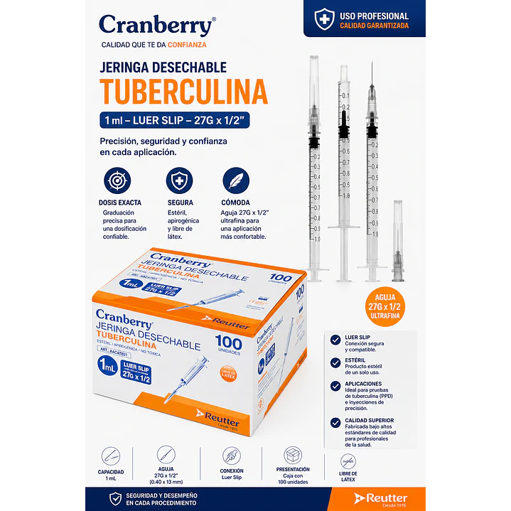 Jeringa Tuberculina 1 Ml Luer Slip 27g 1/2 1ml Cranberry 4