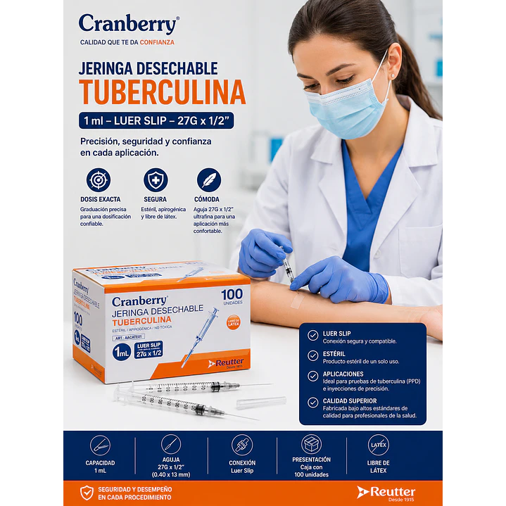Jeringa Tuberculina 1 Ml Luer Slip 27g 1/2 1ml Cranberry 5