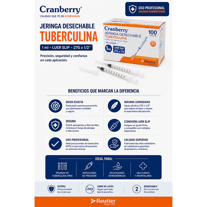 Jeringa Tuberculina 1 Ml Luer Slip 27g 1/2 1ml Cranberry 6