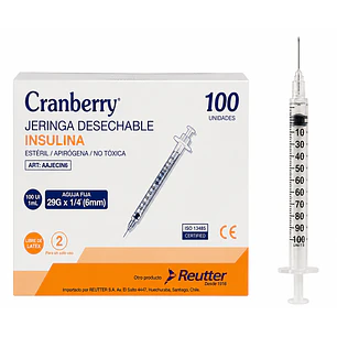 Jeringa Desechable Insulina 29g X 1/4 Cranberry 100 Unidades Capacidad En Volumen 1 Ml