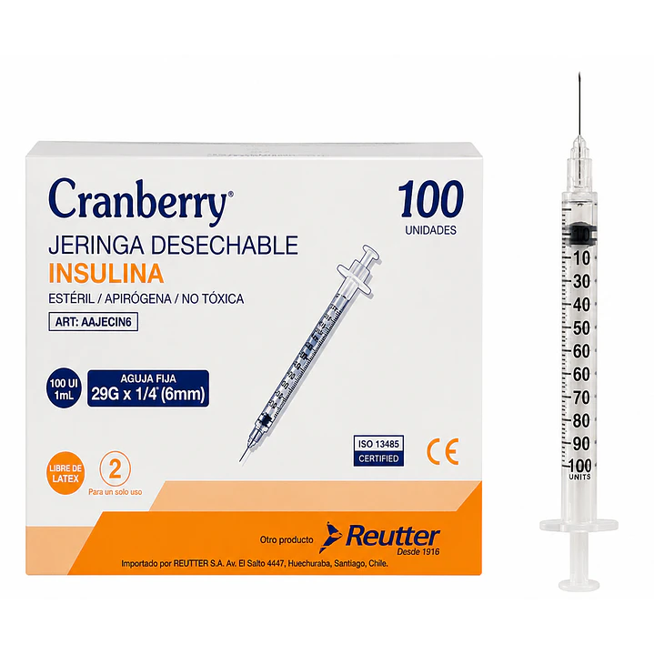 Jeringa Desechable Insulina 29g X 1/4 Cranberry 100 Unidades Capacidad En Volumen 1 Ml 1