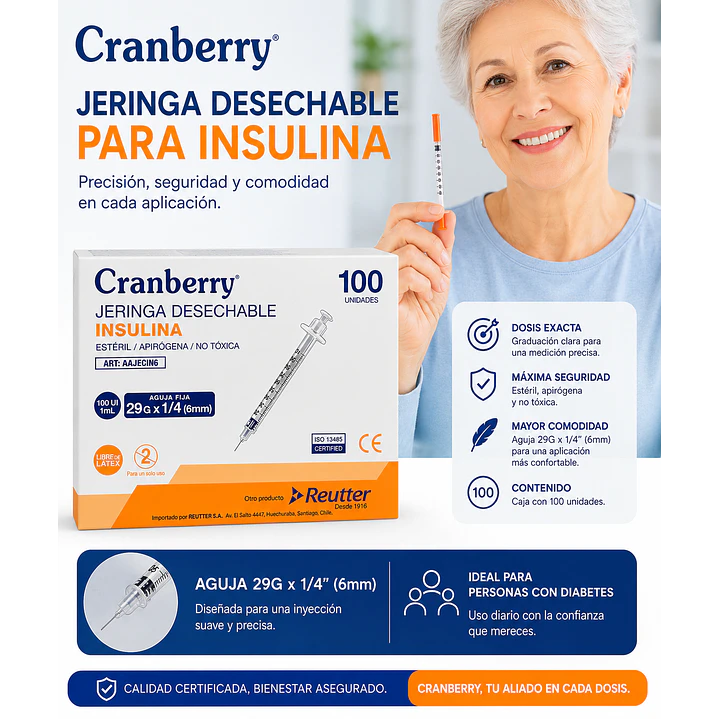Jeringa Desechable Insulina 29g X 1/4 Cranberry 100 Unidades Capacidad En Volumen 1 Ml 4