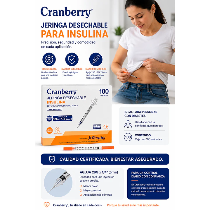 Jeringa Desechable Insulina 29g X 1/4 Cranberry 100 Unidades Capacidad En Volumen 1 Ml 5