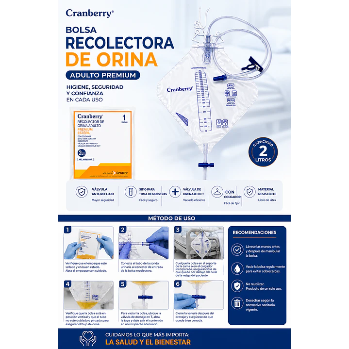 Bolsa Recolector Orina Adulto Premium Cranberry 2 Lit Pack x 10 6