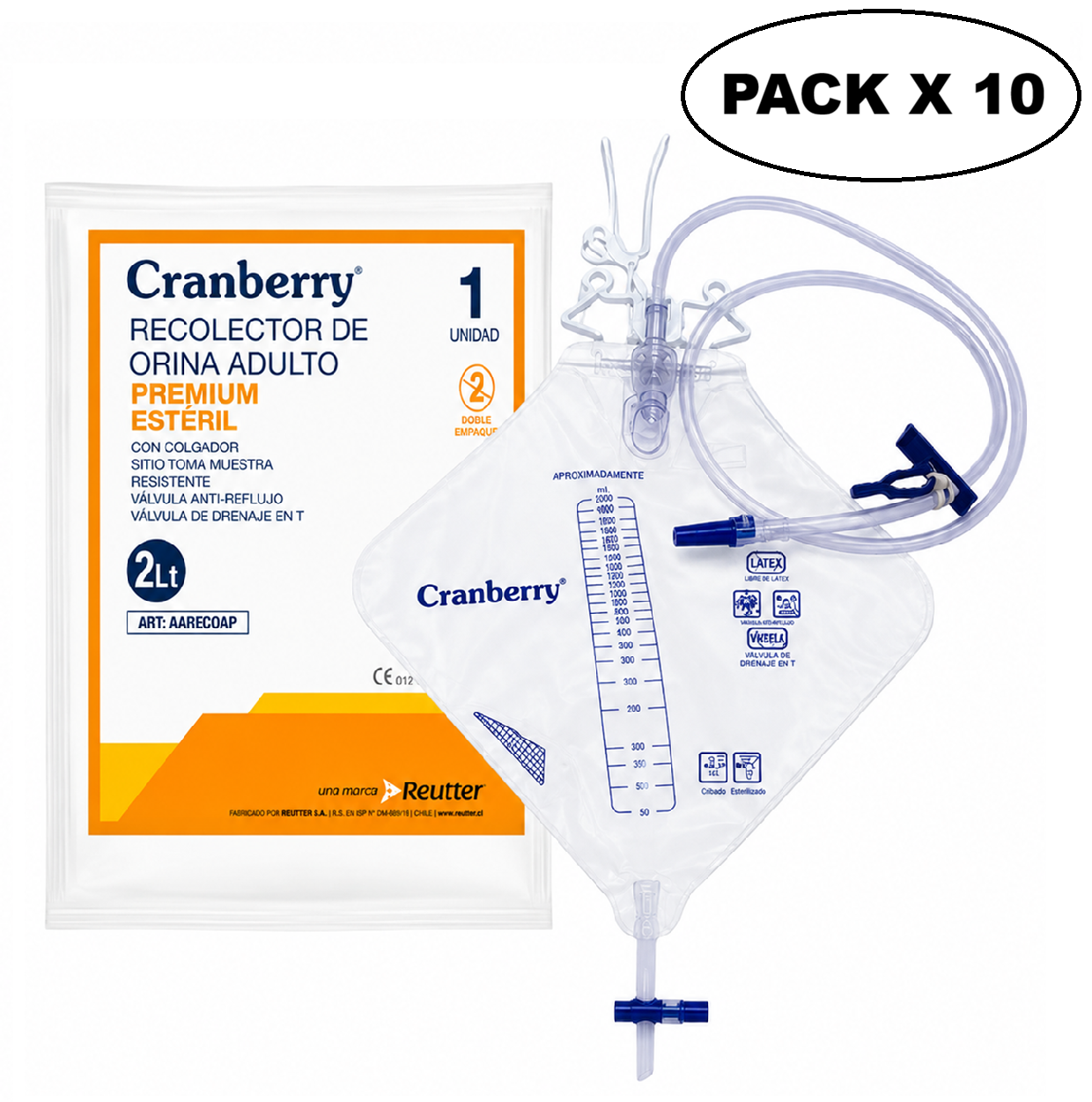 Bolsa Recolector Orina Adulto Premium Cranberry 2 Lit Pack x 10