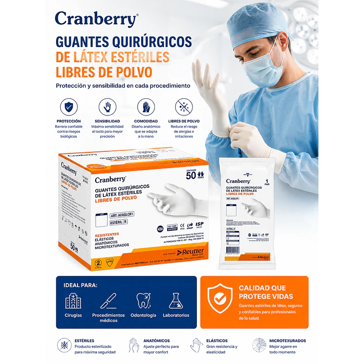 Guantes Quirurgico Esteril Cranberry Talla 7.5 Caja 50 Pares 8
