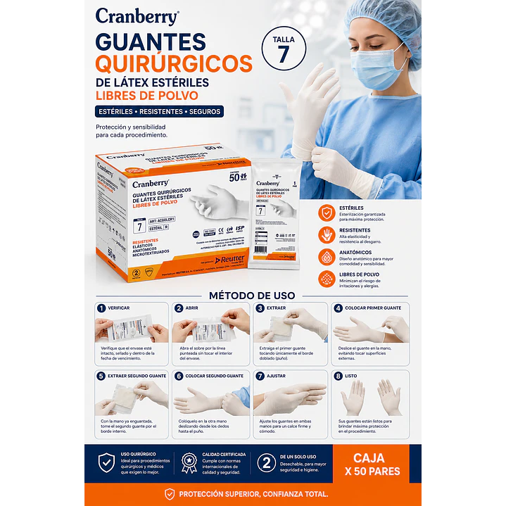 Guantes Quirurgico Esteril Cranberry Talla 7.5 Caja 50 Pares 5