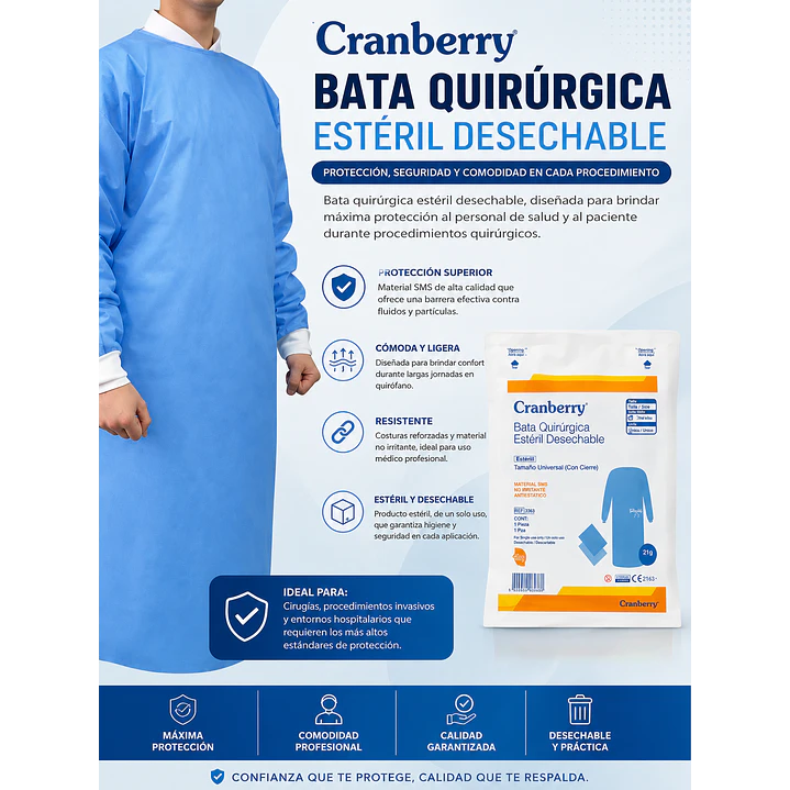 Bata Quirúrgica Estéril Cranberry 1 Bata + 2 Paños 3