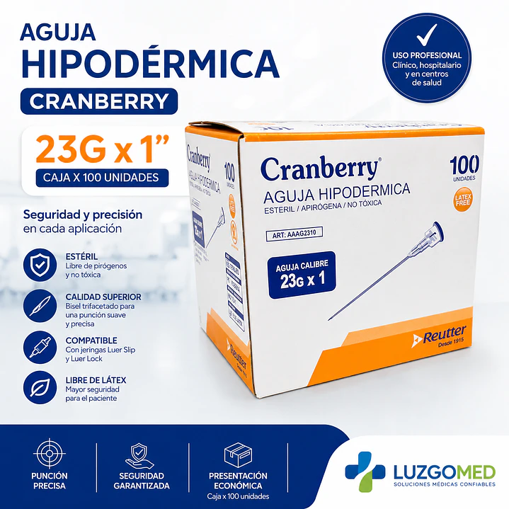 Aguja Hipodermica Cranberry 23g X 1 Caja X100 23 Ml 6