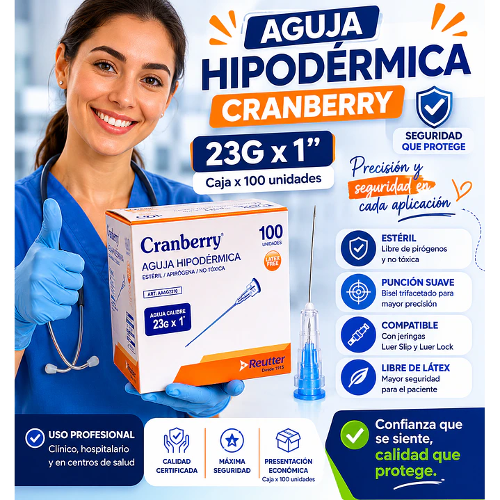 Aguja Hipodermica Cranberry 23g X 1 Caja X100 23 Ml 7
