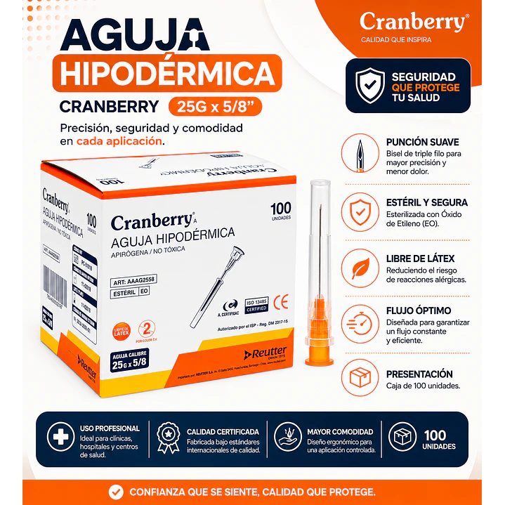 Aguja Hipodérmica Cranberry 25G x 5/8 Caja 100 Unidades 4