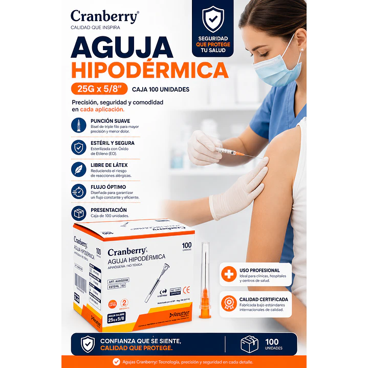Aguja Hipodérmica Cranberry 25G x 5/8 Caja 100 Unidades 3