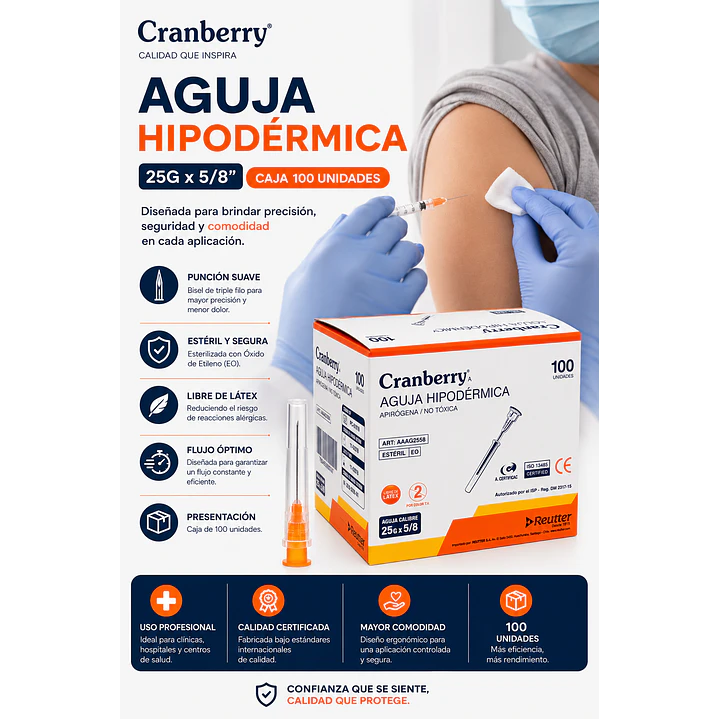 Aguja Hipodérmica Cranberry 25G x 5/8 Caja 100 Unidades 5