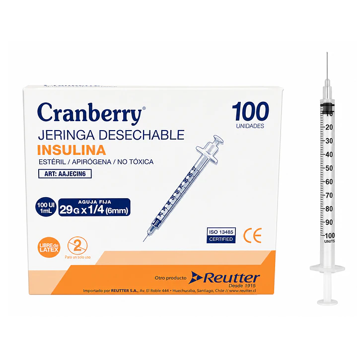 Jeringa Desechable Insulina Cranberry 29g X1/4 (6mm) X100 1
