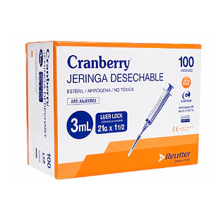 Jeringa Desechable Luer Lock 3cc 21g Caja X100