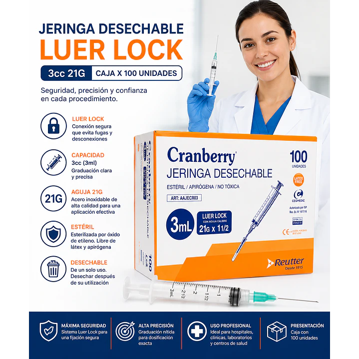 Jeringa Desechable Luer Lock 3cc 21g Caja X100 5