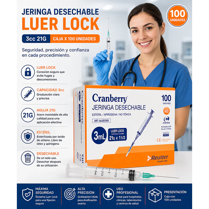 Jeringa Desechable Luer Lock 3cc 21g Caja X100 3