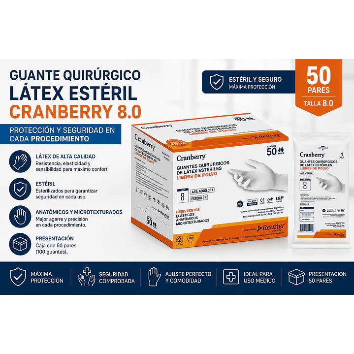 Guante Quirurgico Esteril Cranberry Talla 8 Caja X50 Pares 4