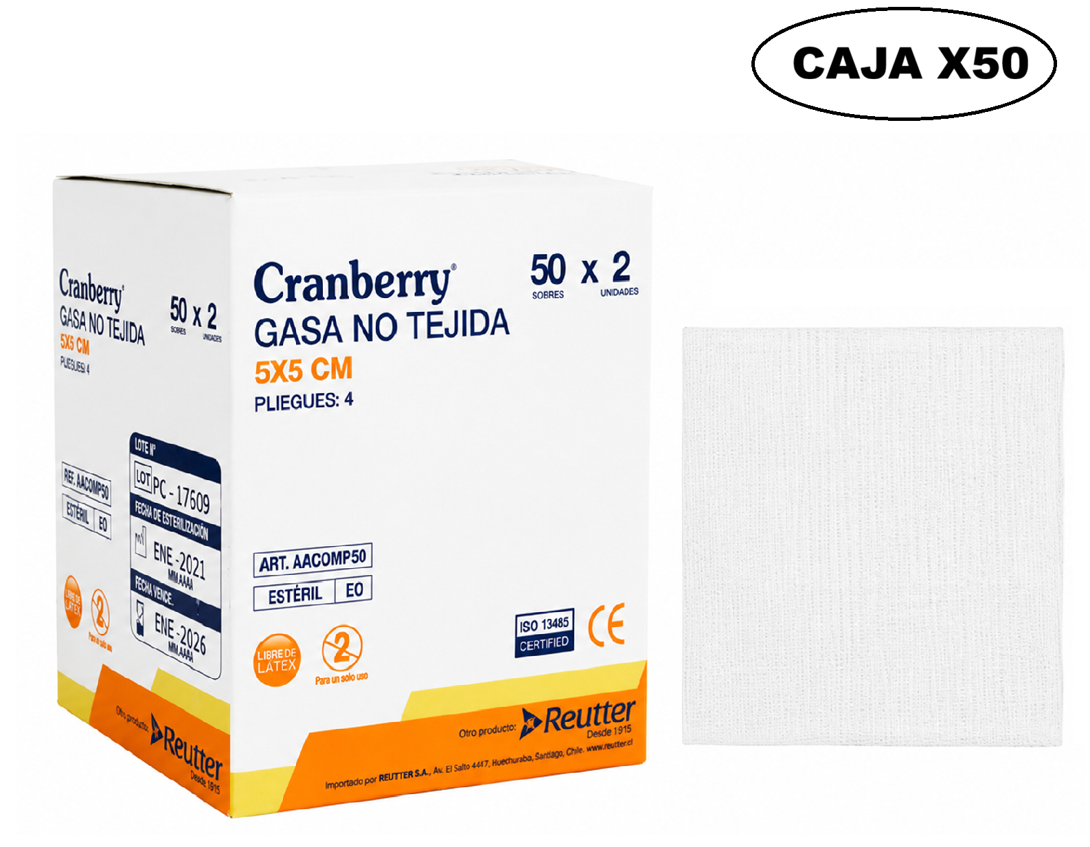 Gasa No Tejida Estéril 5x5 cm Caja 2X50 un. Cranberry
