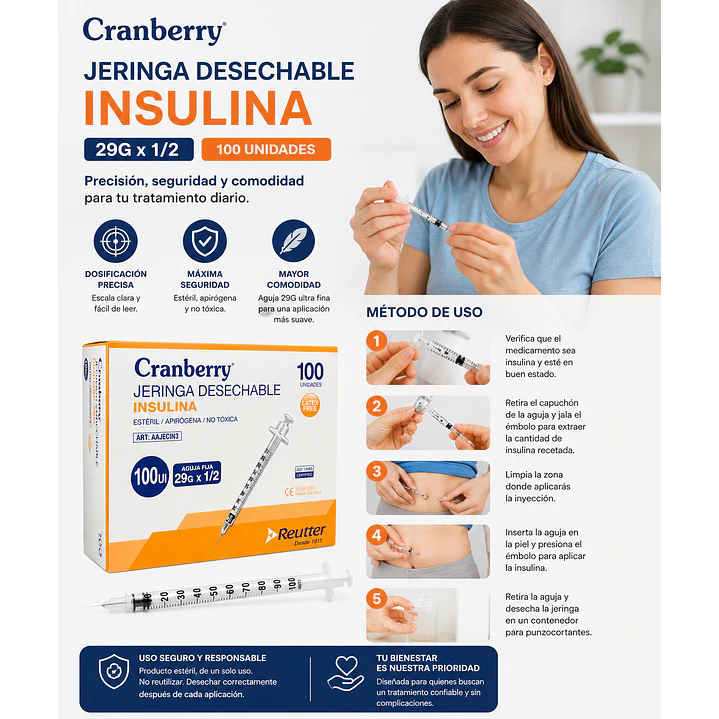 Jeringa Desechable Insulina Cranberry 29g X1/2 Caja X100 2