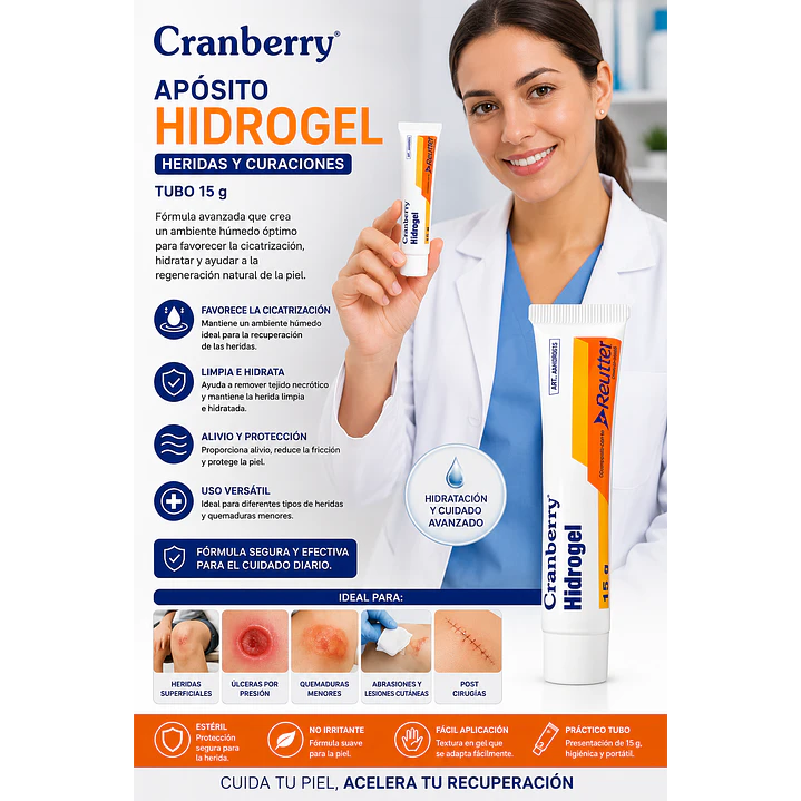 Aposito Hidrogel Heridas Curaciones Cranberry Tubo 15gr Caja x10 6