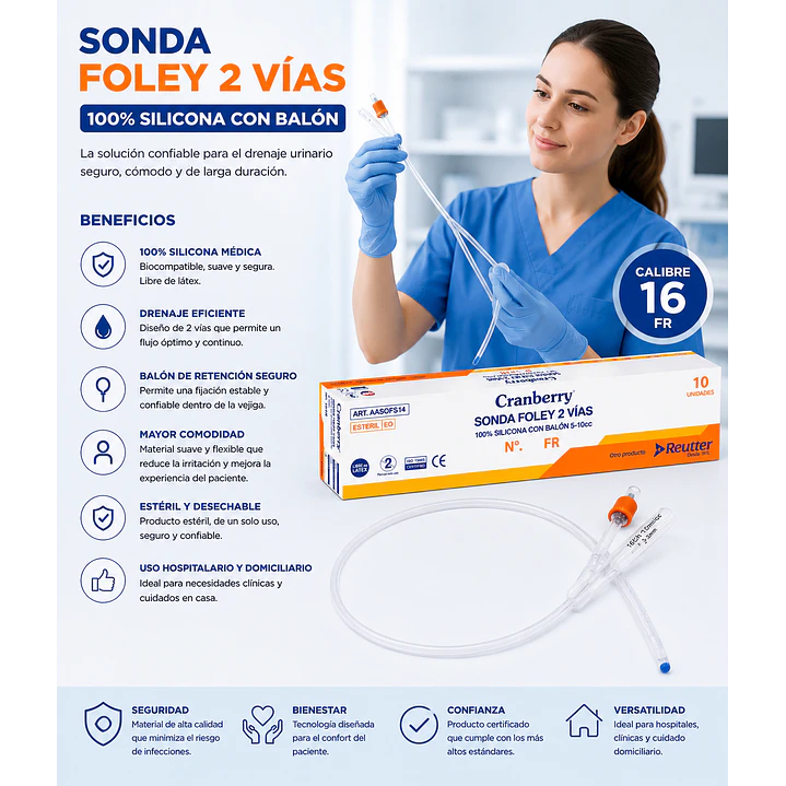 Sonda Foley 100% Silicona 2 Vias Con Balon 16 Fr  5