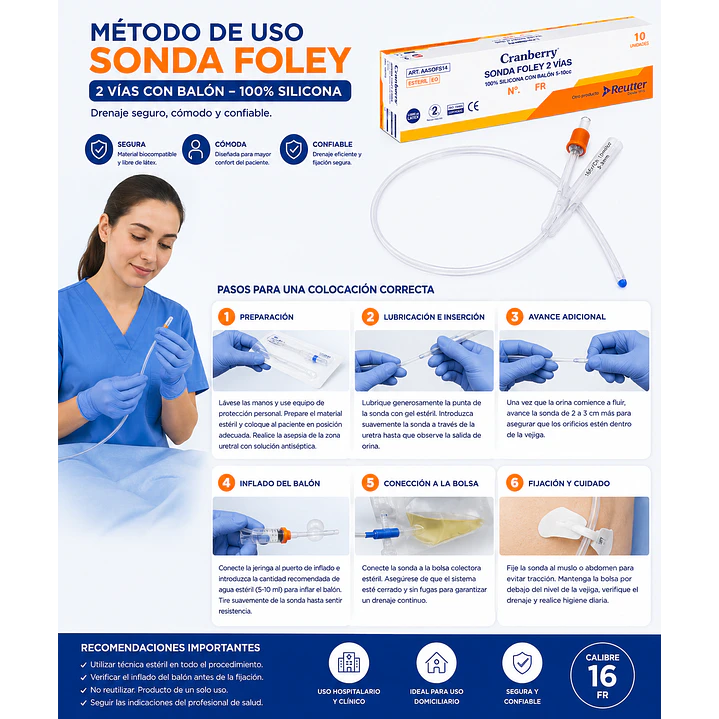 Sonda Foley 100% Silicona 2 Vias Con Balon 16 Fr  6