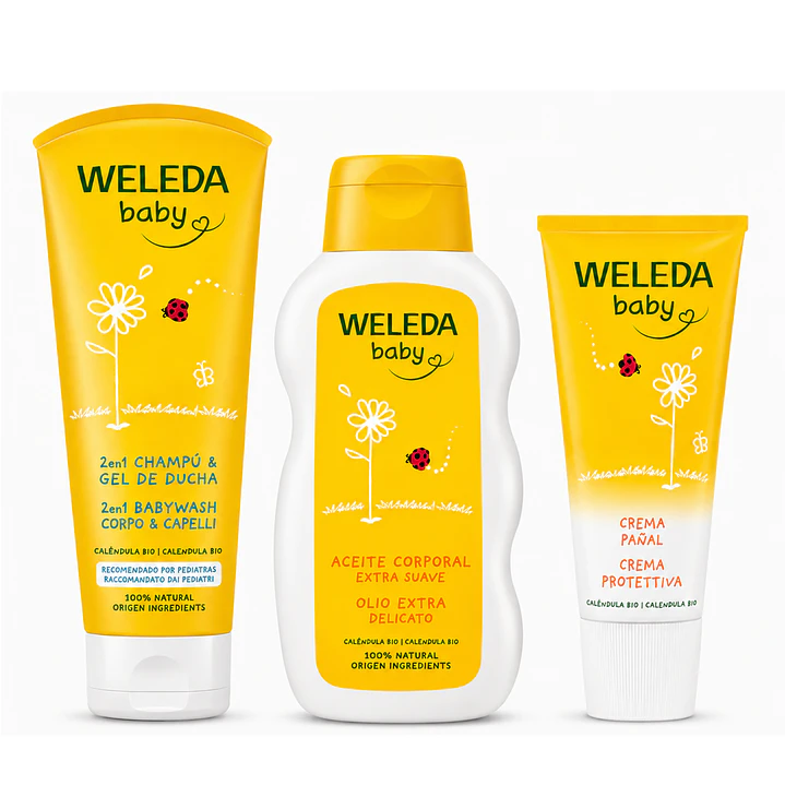 Kit Weleda Baby Shampoo & Gel de Ducha 200ml  + Aceite Corporal 200ml + Crema Pañal 75ml  1