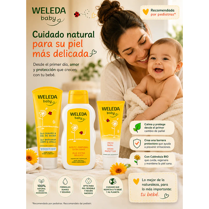 Kit Weleda Baby Shampoo & Gel de Ducha 200ml  + Aceite Corporal 200ml + Crema Pañal 75ml  2