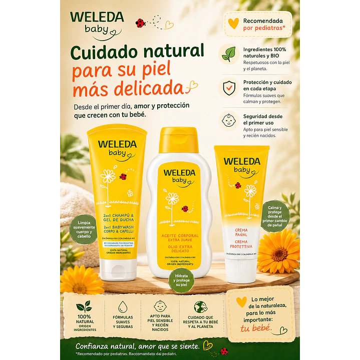 Kit Weleda Baby Shampoo & Gel de Ducha 200ml  + Aceite Corporal 200ml + Crema Pañal 75ml  3