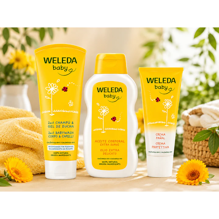 Kit Weleda Baby Shampoo & Gel de Ducha 200ml  + Aceite Corporal 200ml + Crema Pañal 75ml  6