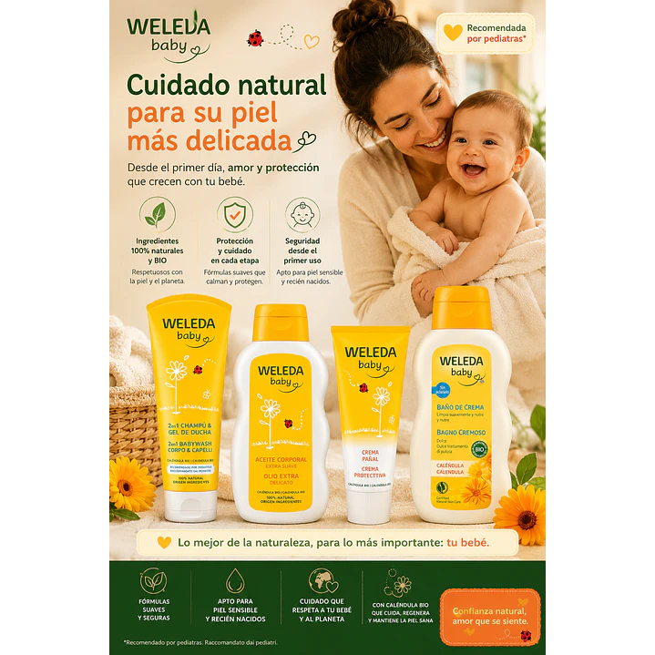 Kit Weleda Baby Shampoo 200ml + Aceite 200ml + Baño De Crema 200ml + Crema Pañal 75ml  3