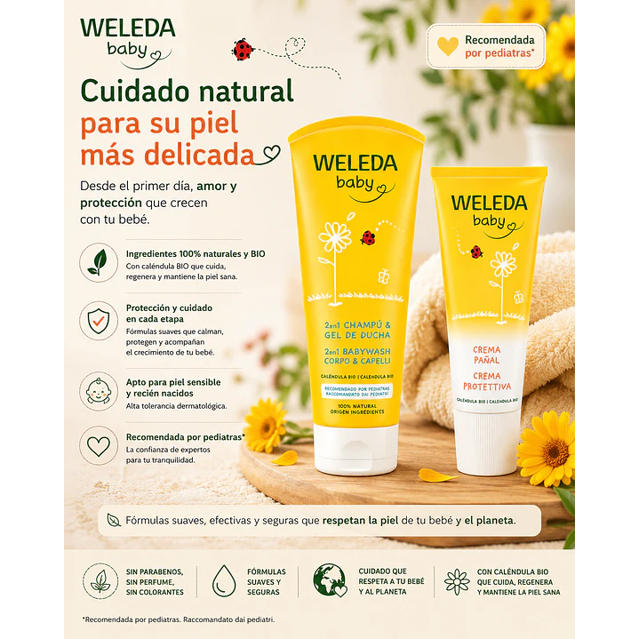 Kit Weleda Champu Y Gel De Ducha 200 Ml + Crema Pañal Calendula 75 Ml 2