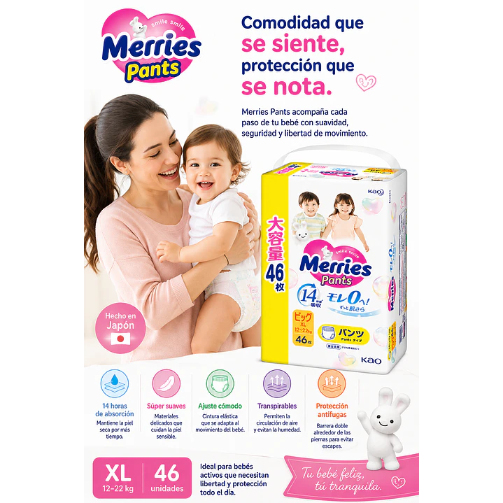 Pañales Bebes Merries Pants XL 46 Unidades Caja x3 3