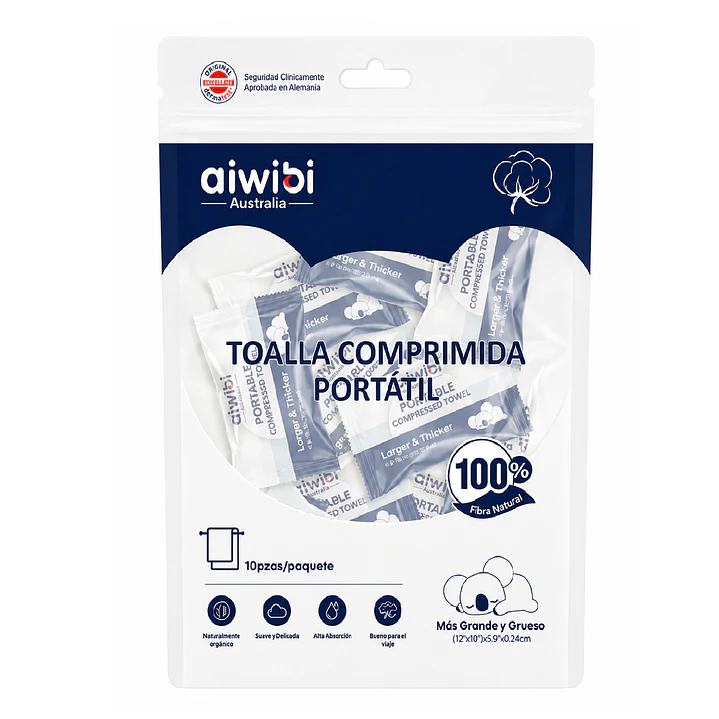 Toalla Comprimida Portátil Fibra Natural Aiwibi Bolsa x10 2