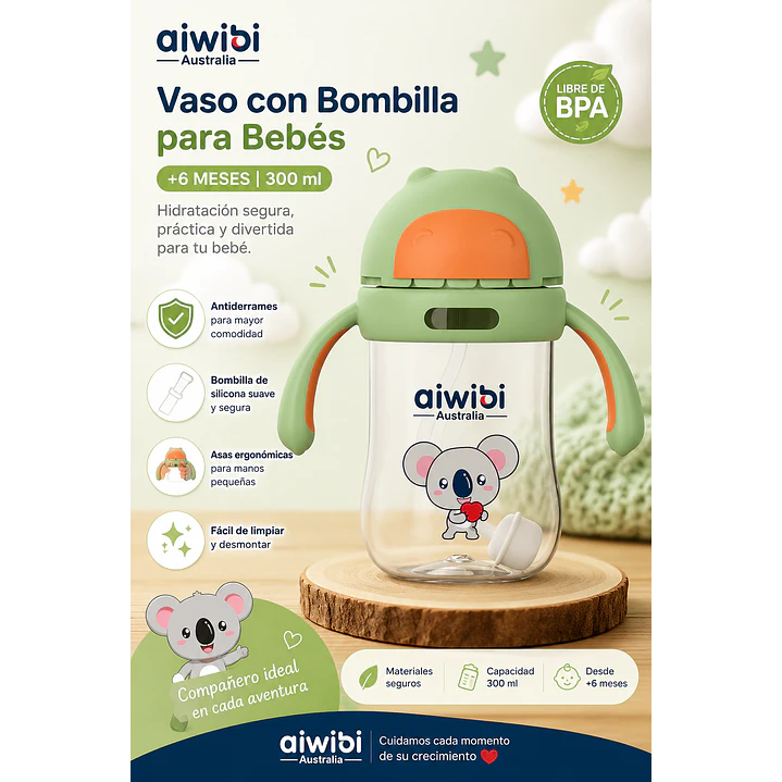 Vaso con Bombilla Aiwibi para Bebés Verde +6 Meses 300 ml 2