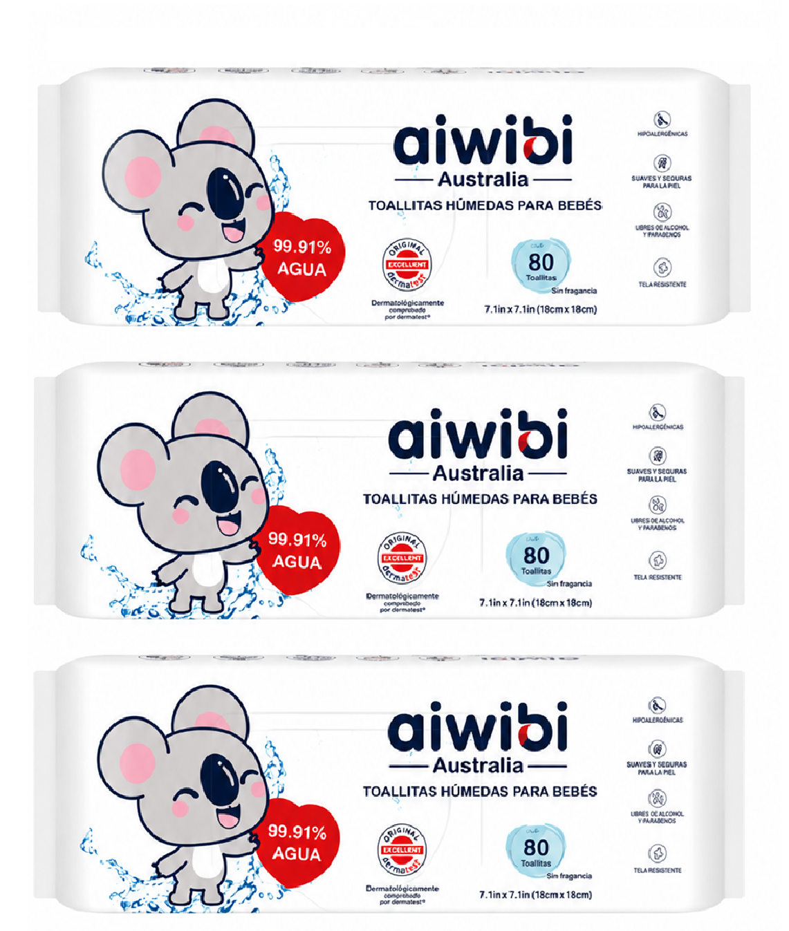 Toallas Húmedas Aiwibi 99.91% Agua Pack X3