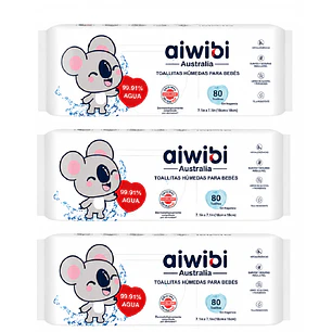 Toallas Húmedas Aiwibi 99.91% Agua Pack x3 80 Unidades 