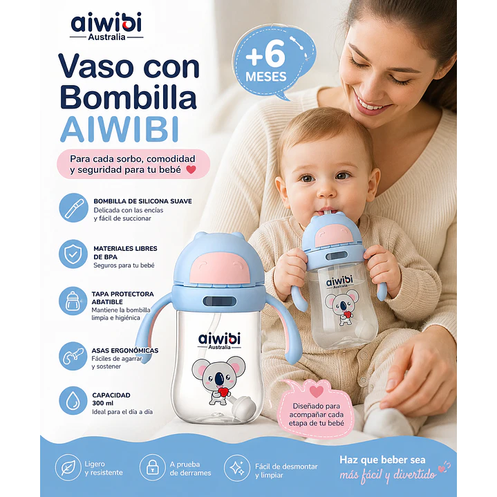 Vaso con Bombilla Aiwibi Azul +6 Meses 300 ml 4
