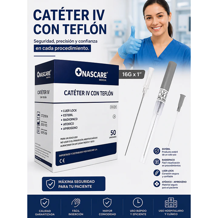 Catéter IV Nascare Teflón Radiopaco 16G x 1