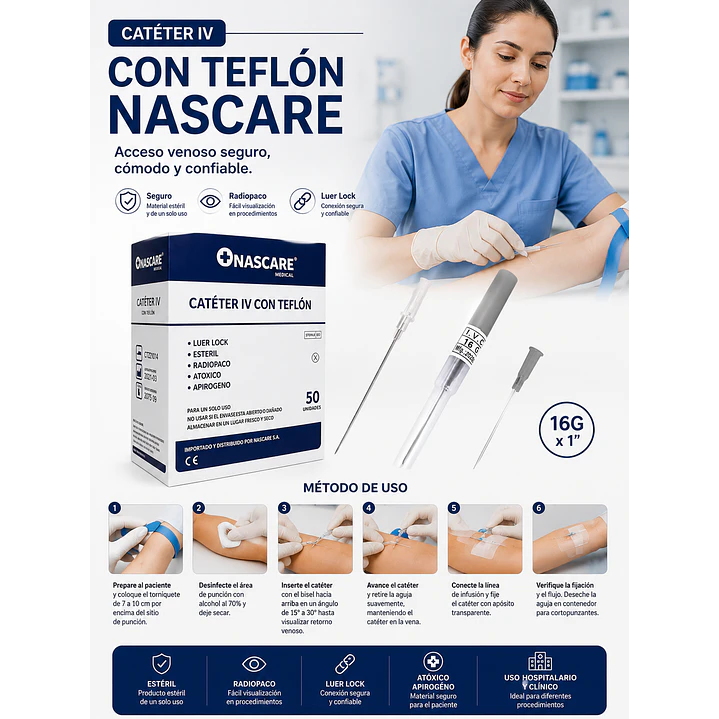 Catéter IV Nascare Teflón Radiopaco 16G x 1