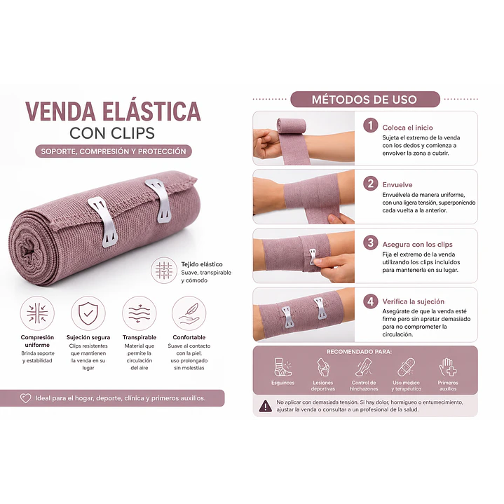 Venda Elastica Color Piel 10cmx4.5m + 2 Sujetadores 5