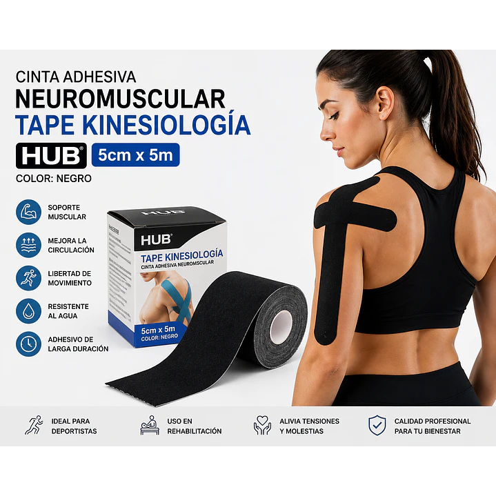  Cinta Adhesiva Neuromuscular Tape Kinesiologia Hub 5cm X 5m Color Negro 4
