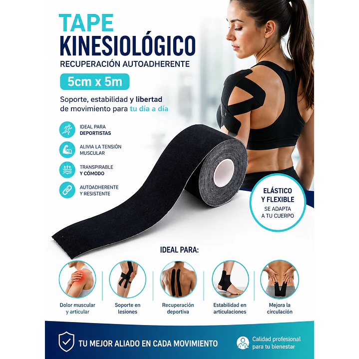  Cinta Adhesiva Neuromuscular Tape Kinesiologia Hub 5cm X 5m Color Negro 6