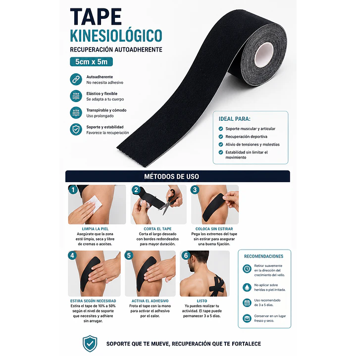  Cinta Adhesiva Neuromuscular Tape Kinesiologia Hub 5cm X 5m Color Negro 5
