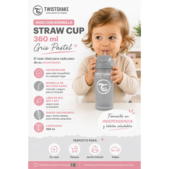 Twistshake Vaso con Bombilla Straw Cup 360 ml Gris Pastel 6