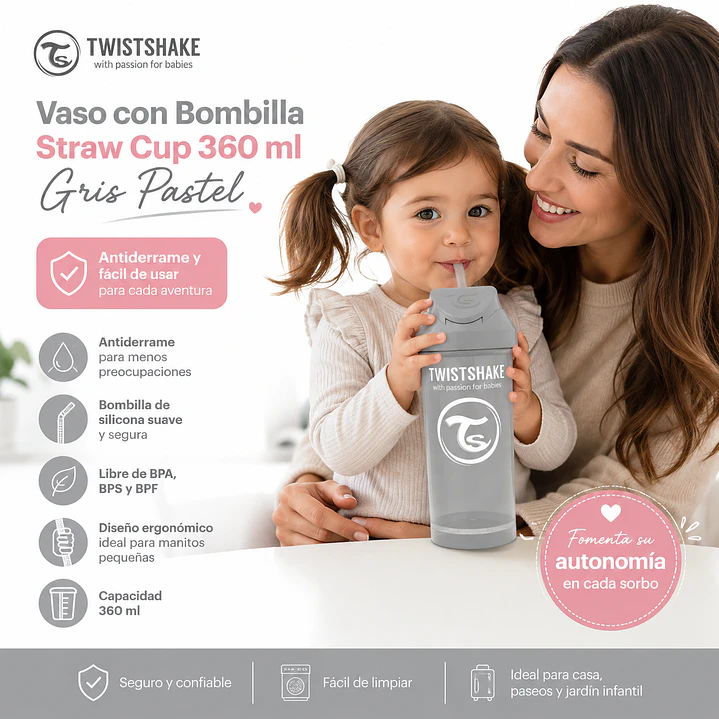 Twistshake Vaso con Bombilla Straw Cup 360 ml Gris Pastel 5